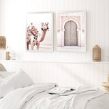 Shop Bedouin Camel I Photo Art Print-Animals, Baby Nursery, Boho, Moroccan Days, Photography, Pink, Portrait, View All-framed poster wall decor artwork