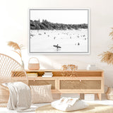 Shop Byron Surfer I B&W Photo Canvas Art Print-Black, Coastal, Landscape, People, Photography, Photography Canvas Prints, Tropical, View All, White-framed wall decor artwork