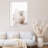 Shop Santorini Urn Photo Canvas Art Print-Boho, Coastal, Greece, Neutrals, Photography, Photography Canvas Prints, Portrait, Tropical, View All, White-framed wall decor artwork