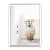Shop Santorini Urn Photo Canvas Art Print-Boho, Coastal, Greece, Neutrals, Photography, Photography Canvas Prints, Portrait, Tropical, View All, White-framed wall decor artwork