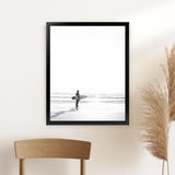 Shop Surfer On The Sand Photo Photo Art Print-Black, Boho, Coastal, Grey, People, Photography, Portrait, Scandinavian, View All, White-framed poster wall decor artwork