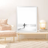 Shop Surfer On The Sand Photo Photo Art Print-Black, Boho, Coastal, Grey, People, Photography, Portrait, Scandinavian, View All, White-framed poster wall decor artwork