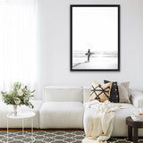 Shop Surfer On The Sand Photo Canvas Art Print-Black, Boho, Coastal, Grey, People, Photography, Photography Canvas Prints, Portrait, View All, White-framed wall decor artwork