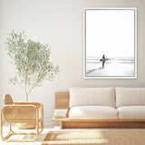 Shop Surfer On The Sand Photo Canvas Art Print-Black, Boho, Coastal, Grey, People, Photography, Photography Canvas Prints, Portrait, View All, White-framed wall decor artwork