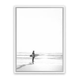 Shop Surfer On The Sand Photo Canvas Art Print-Black, Boho, Coastal, Grey, People, Photography, Photography Canvas Prints, Portrait, View All, White-framed wall decor artwork