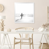 Shop Surfer On The Sand (Square) Photo Art Print-Black, Boho, Coastal, Grey, People, Photography, Square, Tropical, View All, White-framed poster wall decor artwork