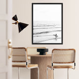 Shop Going Surfing B&W Photo Canvas Art Print-Black, Coastal, Grey, Neutrals, Photography, Photography Canvas Prints, Portrait, View All, White-framed wall decor artwork