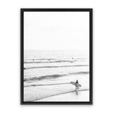 Shop Going Surfing B&W Photo Canvas Art Print-Black, Coastal, Grey, Neutrals, Photography, Photography Canvas Prints, Portrait, View All, White-framed wall decor artwork