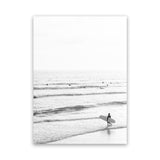 Shop Going Surfing B&W Photo Canvas Art Print-Black, Coastal, Grey, Neutrals, Photography, Photography Canvas Prints, Portrait, View All, White-framed wall decor artwork
