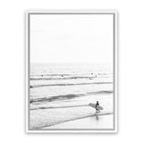 Shop Going Surfing B&W Photo Canvas Art Print-Black, Coastal, Grey, Neutrals, Photography, Photography Canvas Prints, Portrait, View All, White-framed wall decor artwork