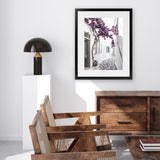 Shop Mykonos Laneway II Photo Art Print-Boho, Coastal, Florals, Greece, Photography, Pink, Portrait, Purple, View All-framed poster wall decor artwork