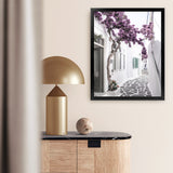 Shop Mykonos Laneway II Photo Art Print-Boho, Coastal, Florals, Greece, Photography, Pink, Portrait, Purple, View All-framed poster wall decor artwork