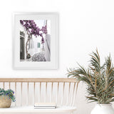 Shop Mykonos Laneway II Photo Art Print-Boho, Coastal, Florals, Greece, Photography, Pink, Portrait, Purple, View All-framed poster wall decor artwork