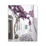 Shop Mykonos Laneway II Photo Art Print-Boho, Coastal, Florals, Greece, Photography, Pink, Portrait, Purple, View All-framed poster wall decor artwork
