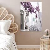 Shop Mykonos Laneway II Photo Canvas Art Print-Boho, Coastal, Florals, Greece, Photography, Photography Canvas Prints, Pink, Portrait, Purple, View All-framed wall decor artwork
