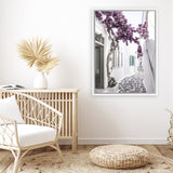 Shop Mykonos Laneway II Photo Canvas Art Print-Boho, Coastal, Florals, Greece, Photography, Photography Canvas Prints, Pink, Portrait, Purple, View All-framed wall decor artwork