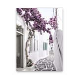 Shop Mykonos Laneway II Photo Canvas Art Print-Boho, Coastal, Florals, Greece, Photography, Photography Canvas Prints, Pink, Portrait, Purple, View All-framed wall decor artwork