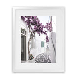 Shop Mykonos Laneway II Photo Art Print-Boho, Coastal, Florals, Greece, Photography, Pink, Portrait, Purple, View All-framed poster wall decor artwork