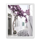 Shop Mykonos Laneway II Photo Art Print-Boho, Coastal, Florals, Greece, Photography, Pink, Portrait, Purple, View All-framed poster wall decor artwork