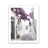 Shop Mykonos Laneway II Photo Art Print-Boho, Coastal, Florals, Greece, Photography, Pink, Portrait, Purple, View All-framed poster wall decor artwork