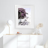 Shop Mykonos Laneway Photo Art Print-Boho, Coastal, Florals, Greece, Photography, Pink, Portrait, Purple, View All-framed poster wall decor artwork