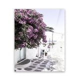 Shop Mykonos Laneway Photo Art Print-Boho, Coastal, Florals, Greece, Photography, Pink, Portrait, Purple, View All-framed poster wall decor artwork