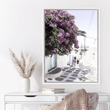 Shop Mykonos Laneway Photo Canvas Art Print-Boho, Coastal, Florals, Greece, Photography, Photography Canvas Prints, Pink, Portrait, Purple, View All-framed wall decor artwork