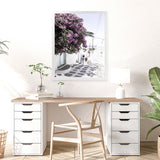 Shop Mykonos Laneway Photo Art Print-Boho, Coastal, Florals, Greece, Photography, Pink, Portrait, Purple, View All-framed poster wall decor artwork