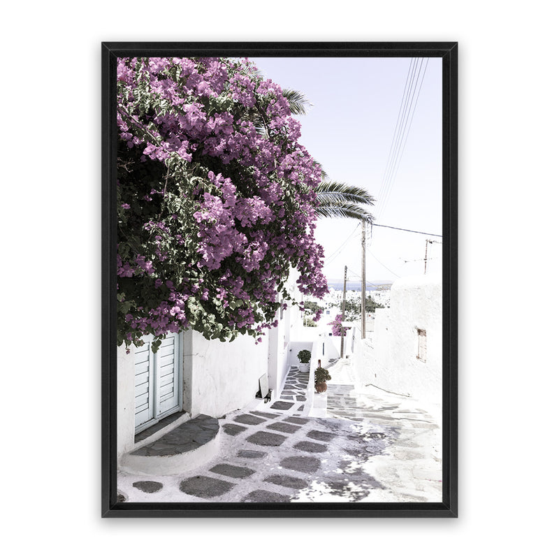 Shop Mykonos Laneway Photo Canvas Art Print-Boho, Coastal, Florals, Greece, Photography, Photography Canvas Prints, Pink, Portrait, Purple, View All-framed wall decor artwork