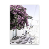 Shop Mykonos Laneway Photo Canvas Art Print-Boho, Coastal, Florals, Greece, Photography, Photography Canvas Prints, Pink, Portrait, Purple, View All-framed wall decor artwork