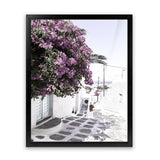 Shop Mykonos Laneway Photo Art Print-Boho, Coastal, Florals, Greece, Photography, Pink, Portrait, Purple, View All-framed poster wall decor artwork