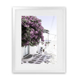 Shop Mykonos Laneway Photo Art Print-Boho, Coastal, Florals, Greece, Photography, Pink, Portrait, Purple, View All-framed poster wall decor artwork