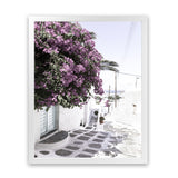 Shop Mykonos Laneway Photo Art Print-Boho, Coastal, Florals, Greece, Photography, Pink, Portrait, Purple, View All-framed poster wall decor artwork