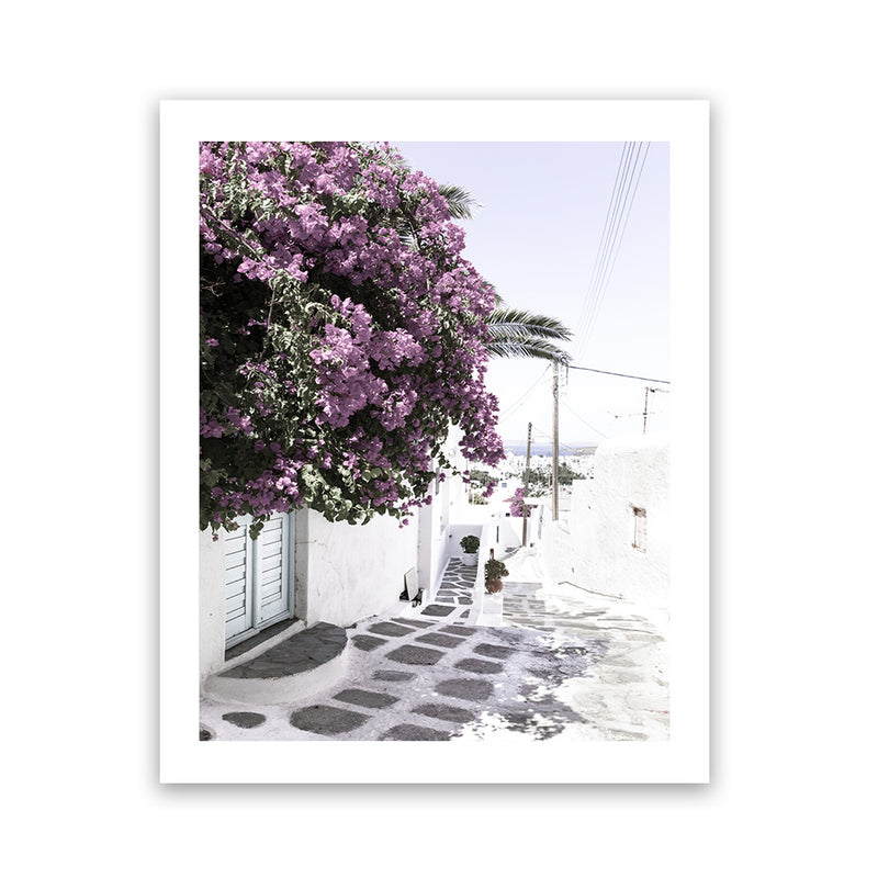 Shop Mykonos Laneway Photo Art Print-Boho, Coastal, Florals, Greece, Photography, Pink, Portrait, Purple, View All-framed poster wall decor artwork