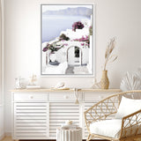 Shop Santorini Views Photo Canvas Art Print-Boho, Coastal, Florals, Greece, Photography, Photography Canvas Prints, Pink, Portrait, Purple, View All, White-framed wall decor artwork