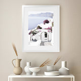 Shop Santorini Views Photo Art Print-Boho, Coastal, Florals, Greece, Photography, Pink, Portrait, Purple, View All, White-framed poster wall decor artwork