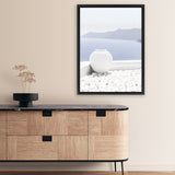 Shop Santorini Views II Photo Canvas Art Print-Coastal, Greece, Photography, Photography Canvas Prints, Portrait, Purple, View All, White-framed wall decor artwork