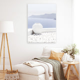 Shop Santorini Views II Photo Canvas Art Print-Coastal, Greece, Photography, Photography Canvas Prints, Portrait, Purple, View All, White-framed wall decor artwork