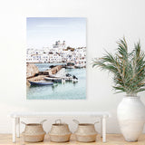 Shop Grecian Port I Photo Canvas Art-Blue, Coastal, Greece, Green, Photography, Photography Canvas Prints, Portrait, Tropical, View All-framed wall decor artwork