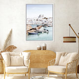 Shop Grecian Port I Photo Canvas Art-Blue, Coastal, Greece, Green, Photography, Photography Canvas Prints, Portrait, Tropical, View All-framed wall decor artwork