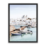 Shop Grecian Port I Photo Canvas Art-Blue, Coastal, Greece, Green, Photography, Photography Canvas Prints, Portrait, Tropical, View All-framed wall decor artwork