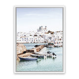 Shop Grecian Port I Photo Canvas Art-Blue, Coastal, Greece, Green, Photography, Photography Canvas Prints, Portrait, Tropical, View All-framed wall decor artwork
