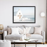 Shop Santorini Church Photo Canvas Art Print-Blue, Coastal, Greece, Photography, Photography Canvas Prints, View All, White-framed wall decor artwork
