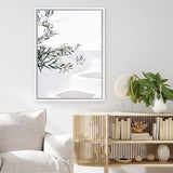 Shop Santorini Olive Branch Photo Canvas Art Print-Boho, Botanicals, Coastal, Greece, Green, Hamptons, Photography, Photography Canvas Prints, Portrait, Tropical, View All, White-framed wall decor artwork