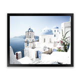 Shop Santorini Vista Photo Art Print-Blue, Coastal, Greece, Landscape, Photography, View All, White-framed poster wall decor artwork