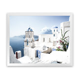 Shop Santorini Vista Photo Art Print-Blue, Coastal, Greece, Landscape, Photography, View All, White-framed poster wall decor artwork