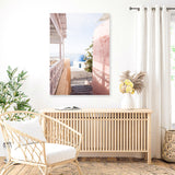 Shop Santorini in Spring Photo Canvas Art Print-Boho, Coastal, Greece, Photography, Photography Canvas Prints, Pink, Portrait, View All-framed wall decor artwork