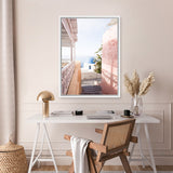 Shop Santorini in Spring Photo Canvas Art Print-Boho, Coastal, Greece, Photography, Photography Canvas Prints, Pink, Portrait, View All-framed wall decor artwork