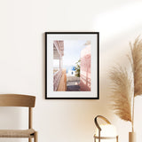 Shop Santorini in Spring Photo Art Print-Boho, Coastal, Greece, Photography, Pink, Portrait, View All-framed poster wall decor artwork