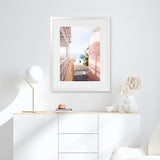 Shop Santorini in Spring Photo Art Print-Boho, Coastal, Greece, Photography, Pink, Portrait, View All-framed poster wall decor artwork